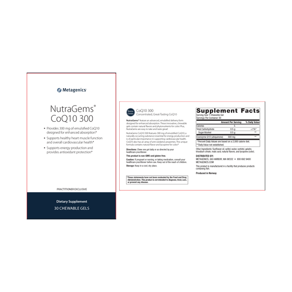 Nutra Gems® CoQ10 300 <br>Provides 300 mg of emulsified CoQ10 designed for enhanced absorption* Supports healthy heart muscle function and overall cardiovascular health* Supports energy production and provides antioxidant protection*
