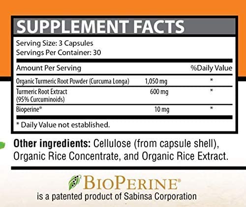 Organic Ultra Pure and Extra Strength (1650 mg) Turmeric Curcumin Extract BioPerine (90 Vegetarian Turmeric Capsules) 95% Curcuminoids