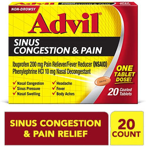 Advil Sinus Congestion And Pain Relief, 200mg Ibuprofen, Pain and Fever Reducer, (20 count), Nasal Decongestant, Fast Relief For Nasal Congestion And Swelling, Sinus Pressure, Headache, And Fever