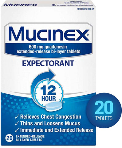 Chest Congestion, Mucinex Expectorant 12 Hour Extended Release Tablets, 20ct, 600mg Guaifenesin with Extended Relief of Chest Congestion Caused by Excess Mucus. Thins and Loosens Mucus