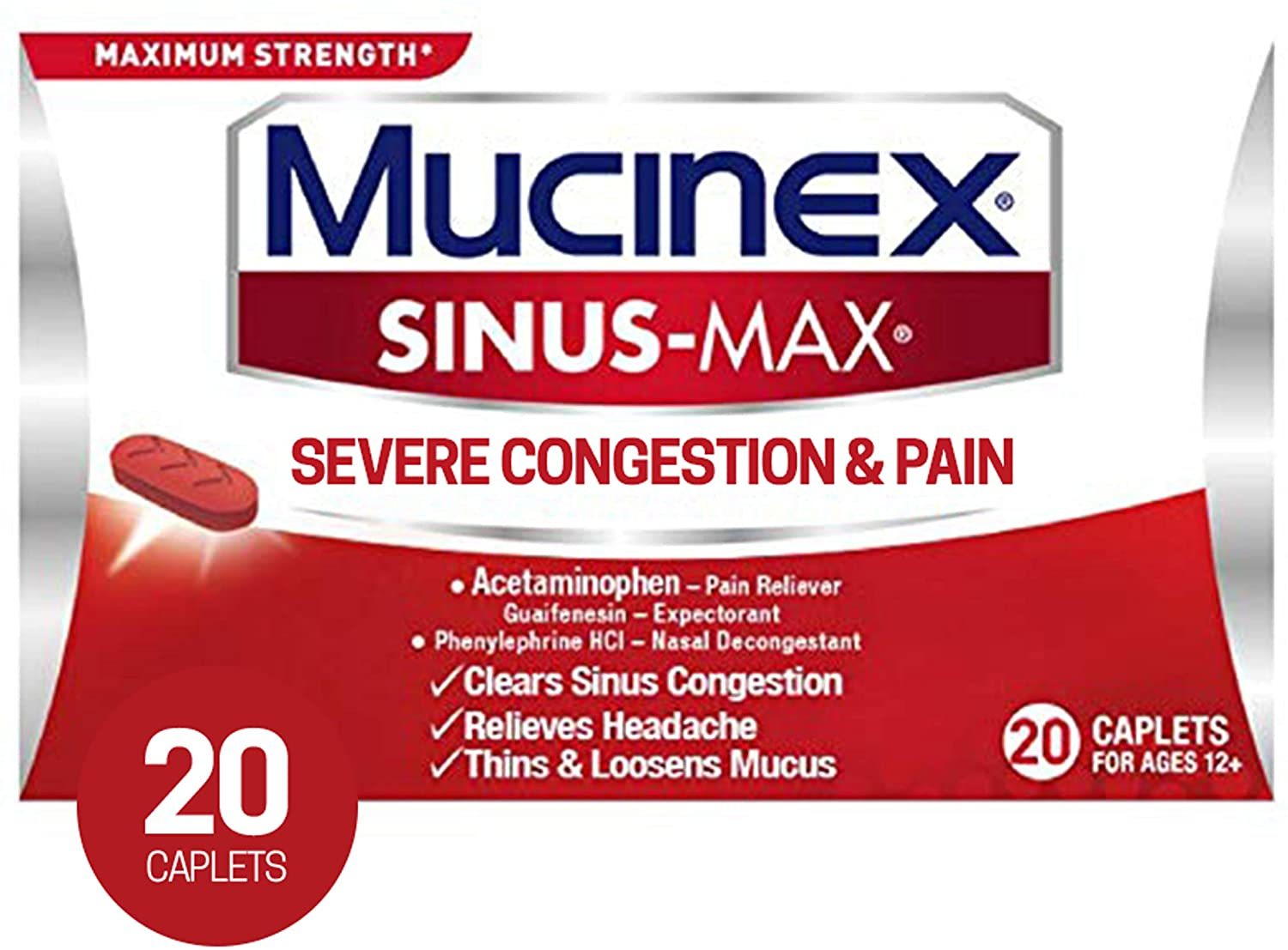 Mucinex Sinus-Max Severe Congestion & Pain Relief Maximum Strength Caplets- Sinus Decongestant, Headache Relief & Loosens Mucus, Expectorant w/ Acetaminophen, Phenylephrine & Guaifenesin, 20 Count