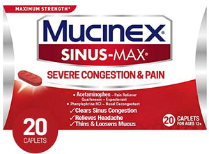 Mucinex Sinus-Max Severe Congestion & Pain Relief Maximum Strength Caplets- Sinus Decongestant, Headache Relief & Loosens Mucus, Expectorant w/ Acetaminophen, Phenylephrine & Guaifenesin, 20 Count