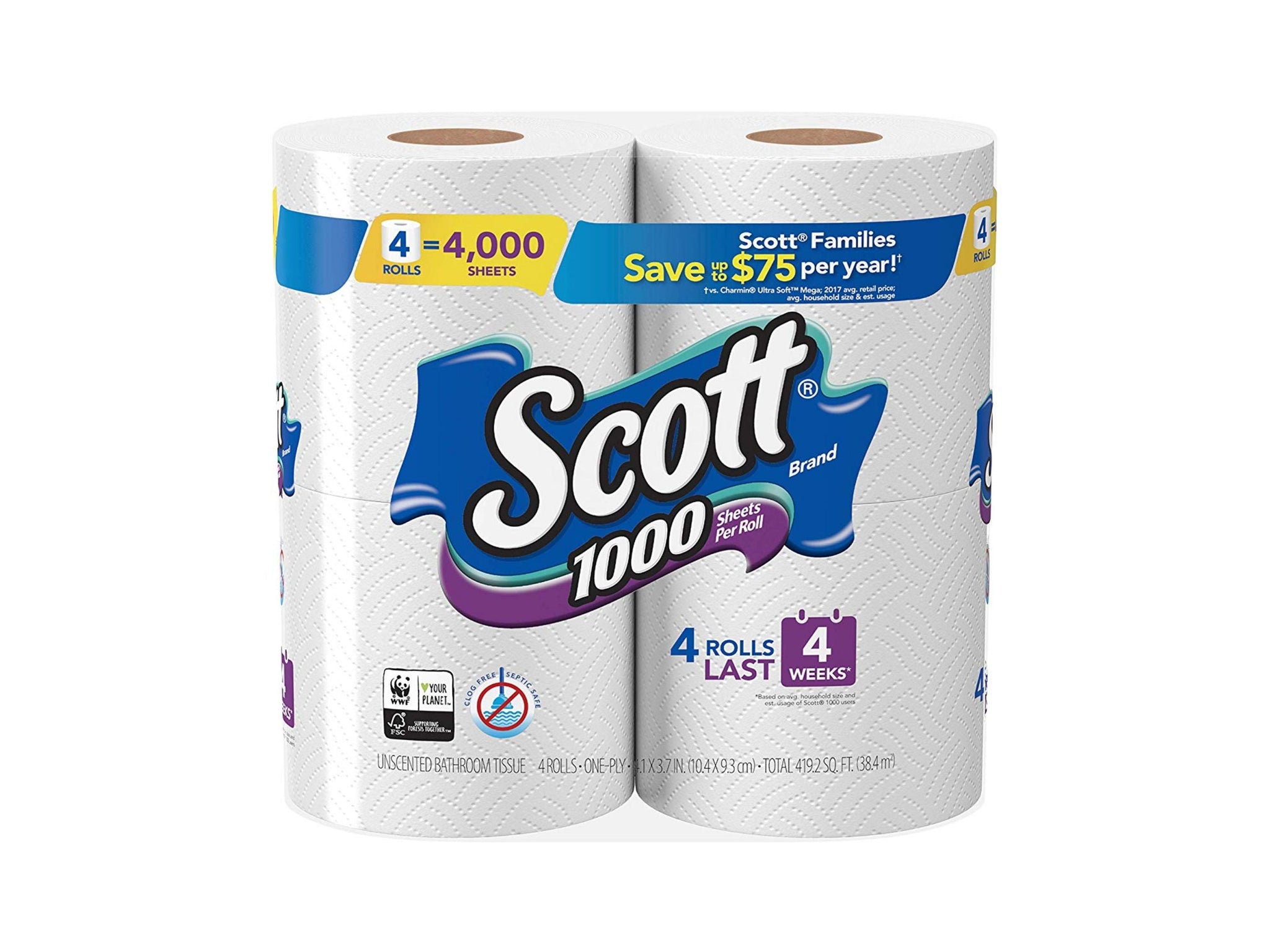 Scott 1000 Toilet Paper, 4 Rolls, 4,000 Sheets